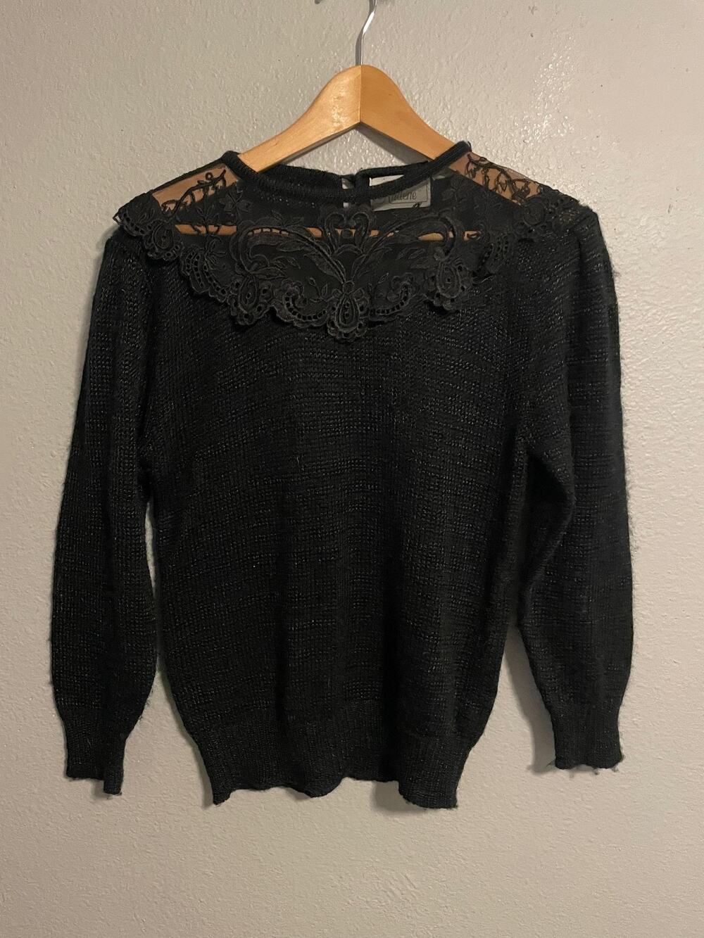 Vintage Womens Sweater Medium Black Embroidered Lace Yoke Sheer Neck Knit 80s